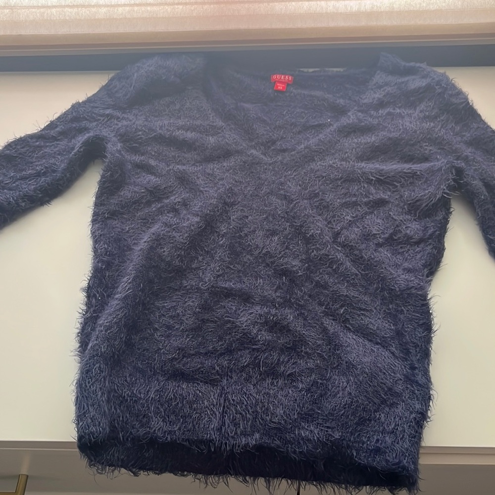 dark blue V neck fuzzy sweater